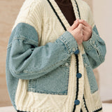 Casual Vacation Color‑Block Denim Spliced Cable Knit Cardigan