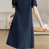 Elegant Commuter Lapel A-Line Short-Sleeve Dress