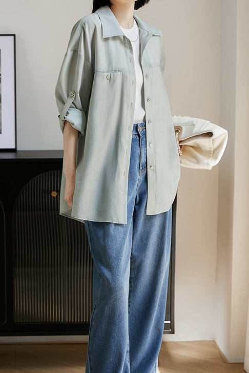 二点セット　バックスリットドロップショルダーシャツ＋サイドポケットシンプルショートパンツ　裏地付　2色入 - liwisi