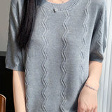 Elegant Short-Sleeve Knit Top With Water Ripple Pattern