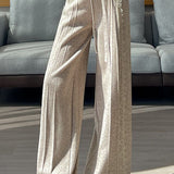 Elegant Casual Knit Wide-Leg Pants With Lace Trim & Drawstring
