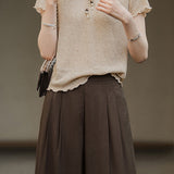 Casual Ruffled Beaded Tie Linen Knit Top