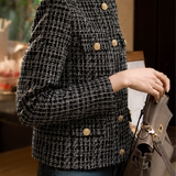 Exquisite Commuter Crew‑Neck Long‑Sleeve Coat In Tweed Plaid