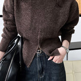 ラウンドネック裾ジップドロップショルダーニット　3色入 - liwisi