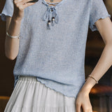 Casual Ruffled Beaded Tie Linen Knit Top