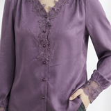 French Commuter V-Neck Lantern Sleeve Blouse With Lace Trim