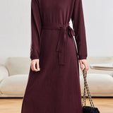 Elegant Commuter Turtleneck Belted Long-Sleeve Knit Dress