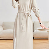 Elegant Commuter Turtleneck Belted Long-Sleeve Knit Dress