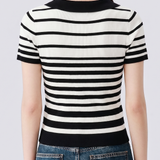 Elegant Color-Block Black And White Stripe Short Sleeve Knit Top