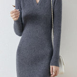 Elegant Commuter Lapel Midi‑Length Knit Dress
