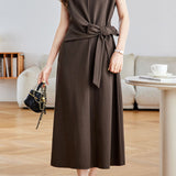 Elegant Commuter Crew Neck Cap Sleeve Side Tie Waist-Cinched Dress
