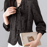 French Commuter V‑Neck Long‑Sleeve Blouse With Tie Detail And Polka‑Dot Print