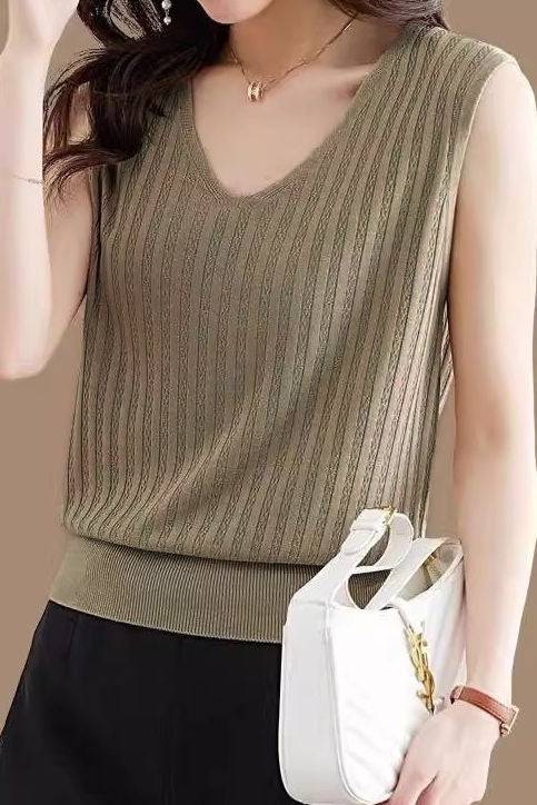 V-neck sleeveless textured knit tank top - liwisi