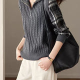 Casual Fake Two-Piece Plaid Spliced Zip Half-Placket Knit Top