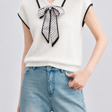 Elegant Commuter Polka Dot Scarf Collar Knit T-shirt
