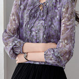 Elegant Commuter Ruffled Stand‑Collar Long‑Sleeve Lantern‑Sleeve Printed Shirt