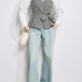 Elegant Commuter Bow Faux Two-Piece Plaid Blouse