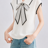 Elegant Commuter Polka Dot Scarf Collar Knit T-shirt