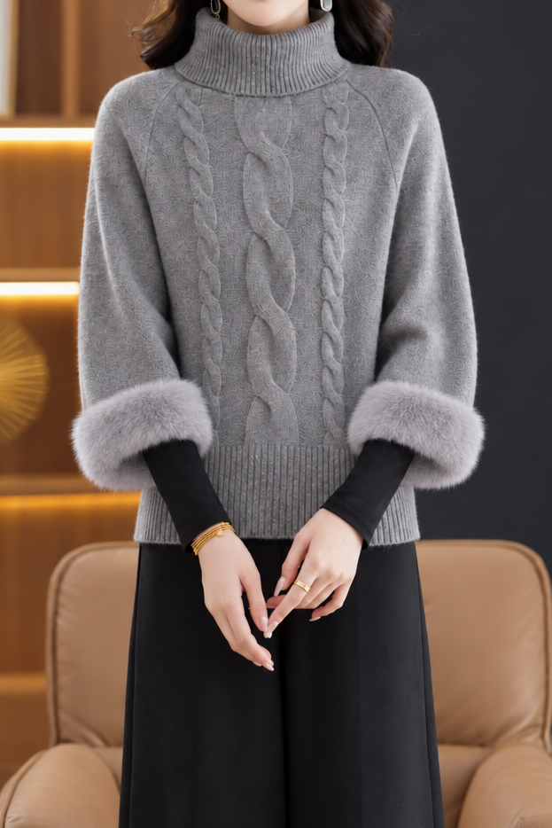 Chic Turtleneck Cable Knit Elbow Sleeve Sweater - liwisi