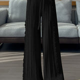 Elegant Casual Knit Wide-Leg Pants With Lace Trim & Drawstring
