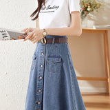 Two-Piece Set: Round Neck Logo Print Short Sleeve T-Shirt + Flap Pocket Flare Denim Skirt