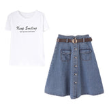 Two-Piece Set: Round Neck Logo Print Short Sleeve T-Shirt + Flap Pocket Flare Denim Skirt