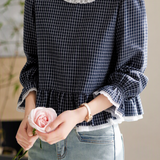 Elegant Plaid Shirt With Lace Trim And Ruffled Hem