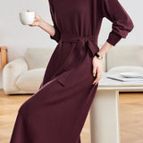 Elegant Commuter Turtleneck Belted Long-Sleeve Knit Dress