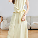 Elegant Commuter Crew Neck Cap Sleeve Side Tie Waist-Cinched Dress