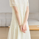 Elegant Textured Short Sleeve High Waist Dress - liwisi