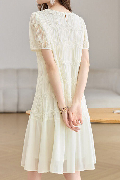 Elegant Textured Short Sleeve High Waist Dress - liwisi