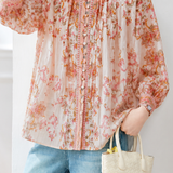Exquisite Vintage Stand Collar Printed Long-Sleeve Lantern Blouse
