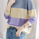 Color-Blocked Loose Striped Hollow-Out Long-Sleeve Knit Top
