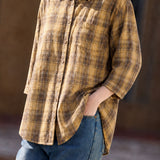 Elegant Casual Plaid Lapel Five-Quarter Sleeve Blouse