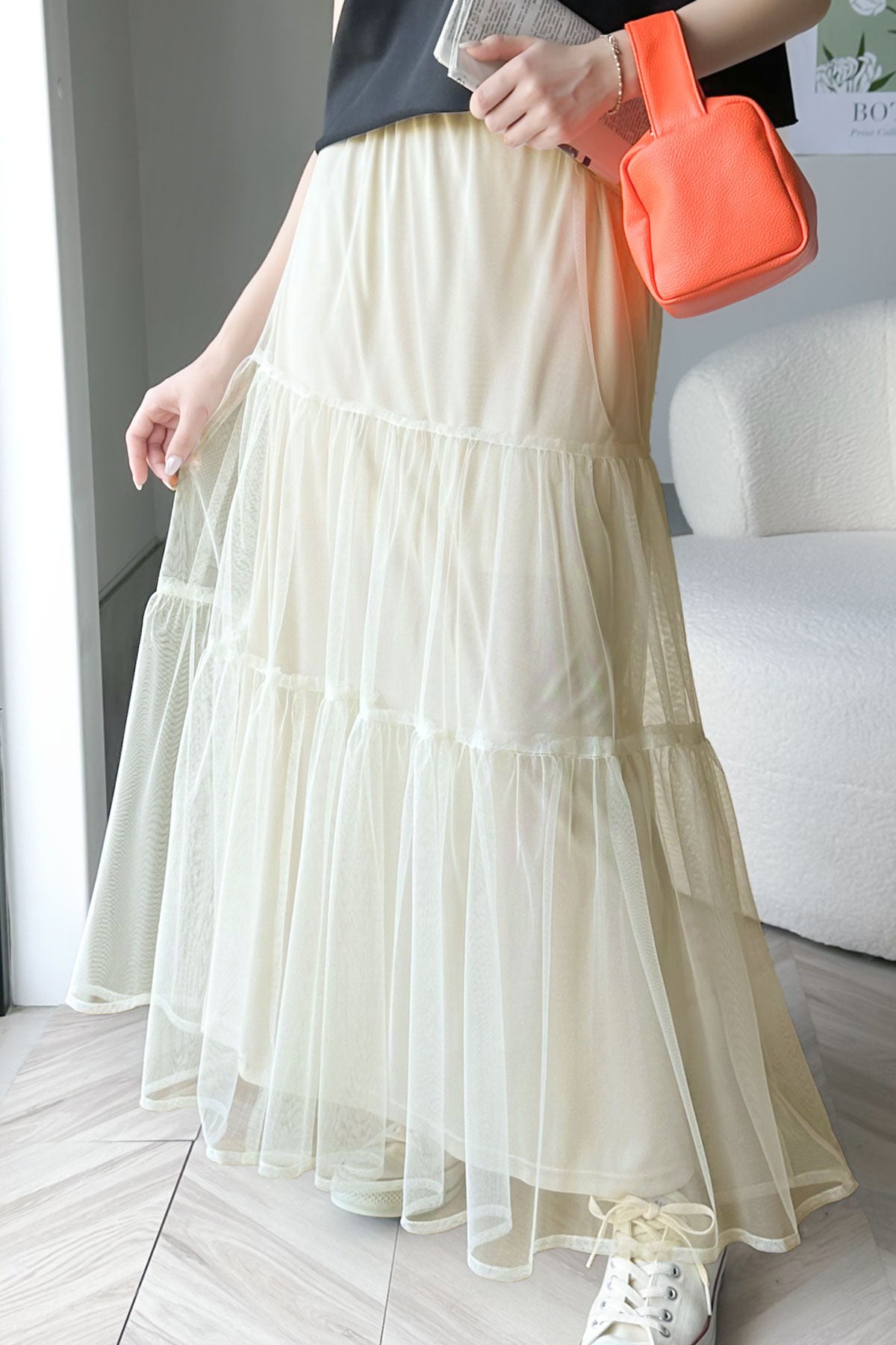 フリル装飾チュールロングティアードスカート　3色入 - liwisi