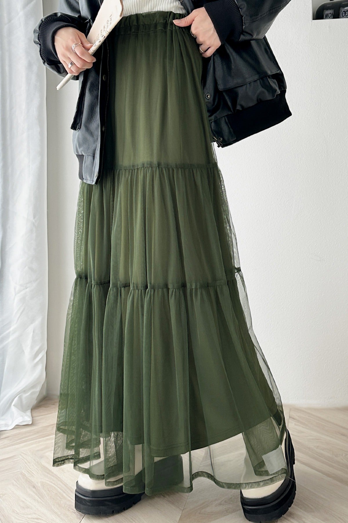 フリル装飾チュールロングティアードスカート　3色入 - liwisi