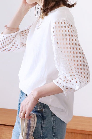 ラウンドネック透かしチェック袖ランタンTシャツ 2色入 – liwisi 