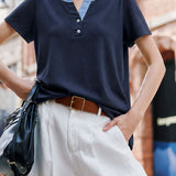 Elegant Commuter Contrast Trim Small V-Neck Two-Button T-Shirt