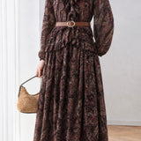 Exquisite Vintage Printed V-Neck Ruffled Lantern Long-Sleeve Dress