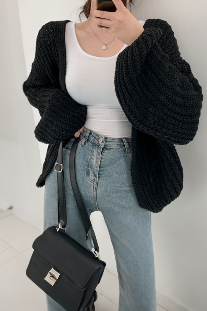 Loose Fit Solid Color Lantern Sleeve Cardigan - liwisi