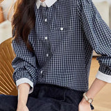 Elegant Commuter Small Lapel Contrast Plaid Long-Sleeve Blouse