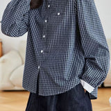 Elegant Commuter Small Lapel Contrast Plaid Long-Sleeve Blouse