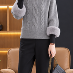 Chic Turtleneck Cable Knit Elbow Sleeve Sweater - liwisi