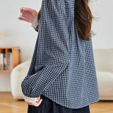 Elegant Commuter Small Lapel Contrast Plaid Long-Sleeve Blouse