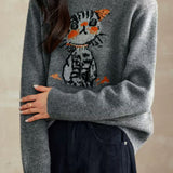 Casual Youthful Cartoon Cat Jacquard Sweater Printed Sweatshirt