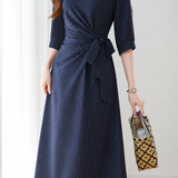Elegant Gathered Diagonal Stripe Dress With Tie Waist