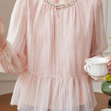 Exquisite Elegant Round Neck Beaded Long Sleeve Shirt