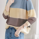 Color-Blocked Loose Striped Hollow-Out Long-Sleeve Knit Top