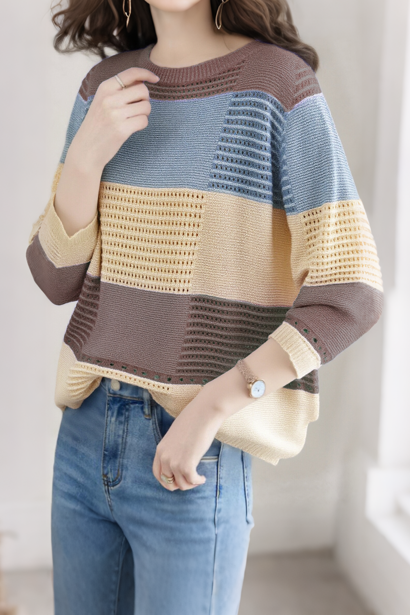 Color-Blocked Loose Striped Hollow-Out Long-Sleeve Knit Top - liwisi