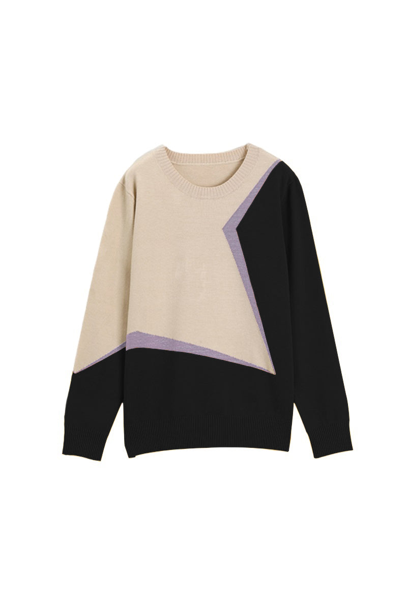 Round Neck Bi-Color Design Geometric Knit - 3 Colors Available - liwisi
